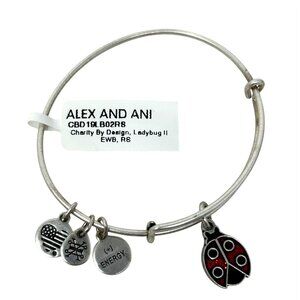 Alex and Ani Enamel Red Black Ladybug II Silver Charm Bracelet